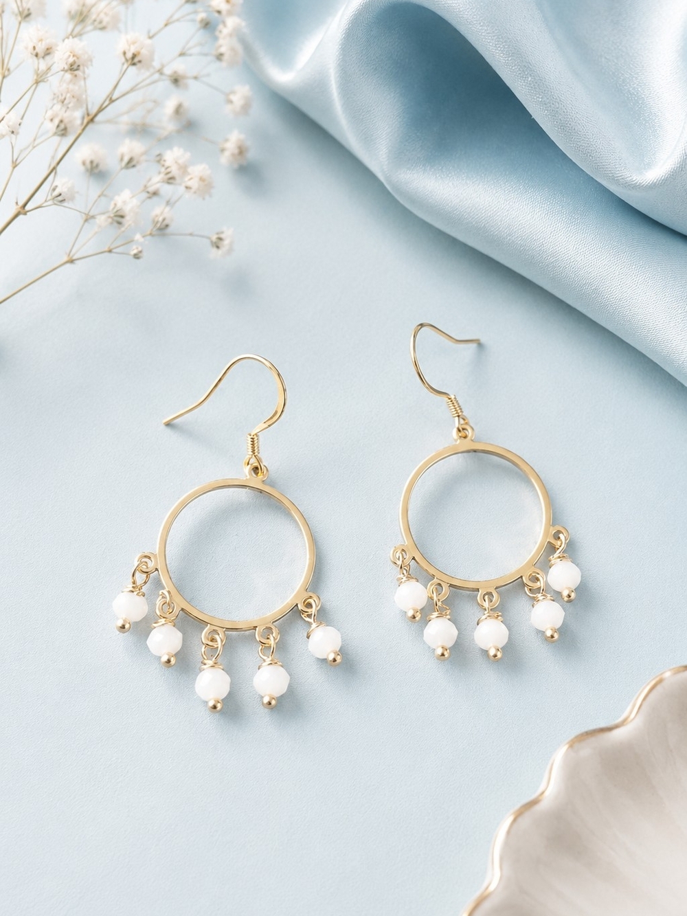 Gold Hoop Earrings with White Bead Drops